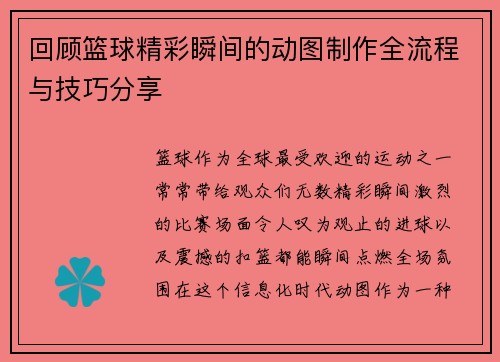回顾篮球精彩瞬间的动图制作全流程与技巧分享